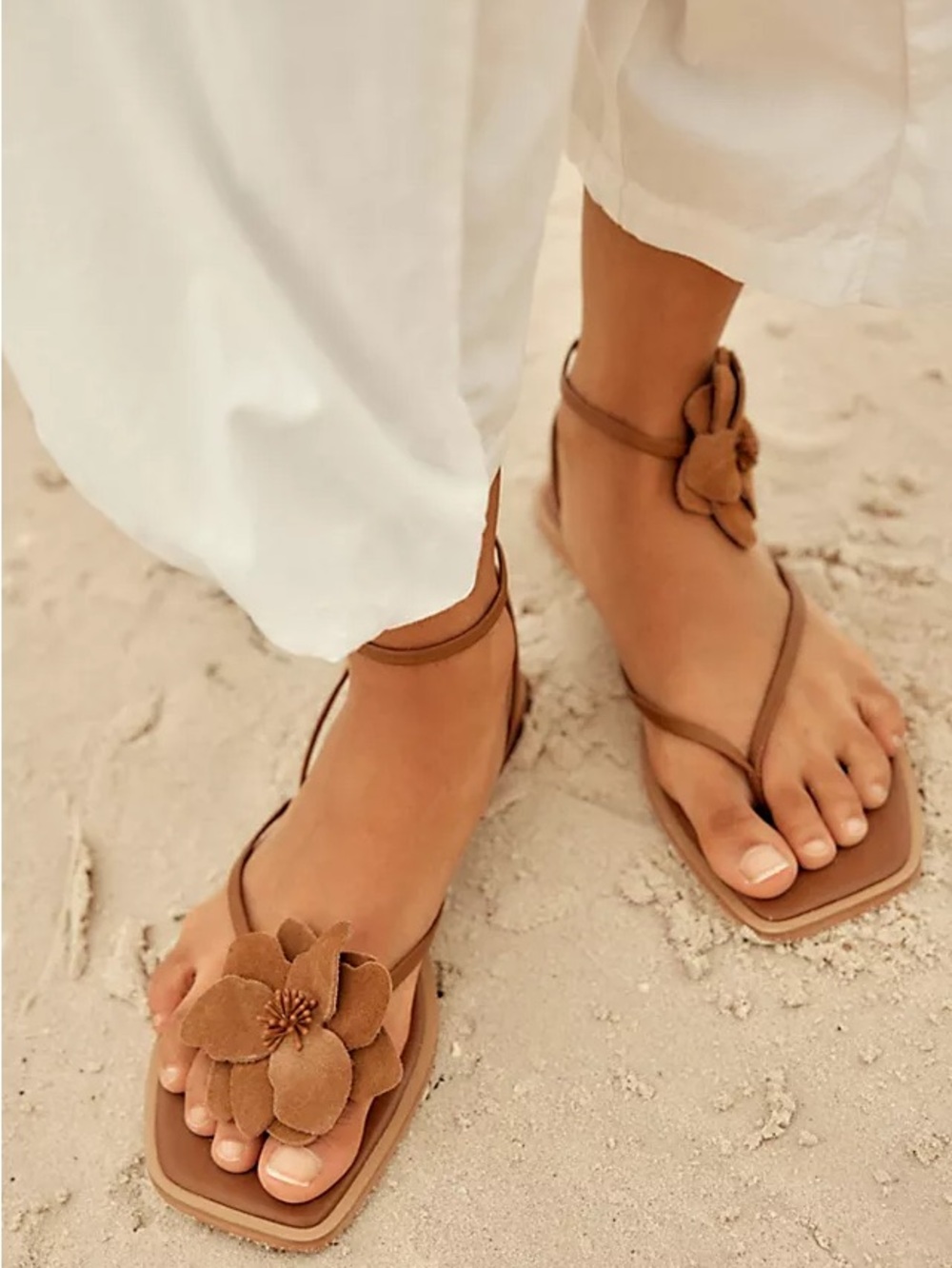 Free People Tan Floral Ankle-Strap Sandals